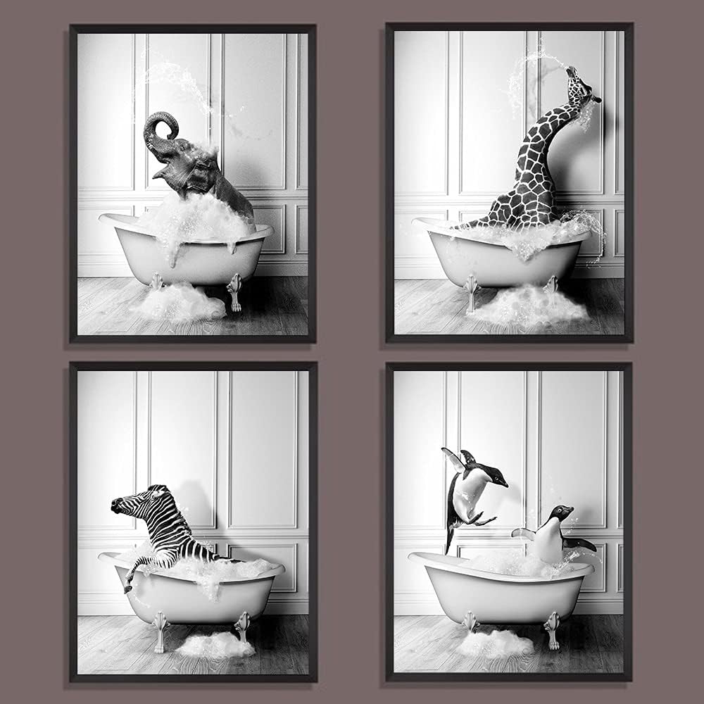 JingHengone Tier Schwarz Weiss Wand Kunst Drucke Elefant Zebra Pinguine Giraffe Badewanne Leinwand M