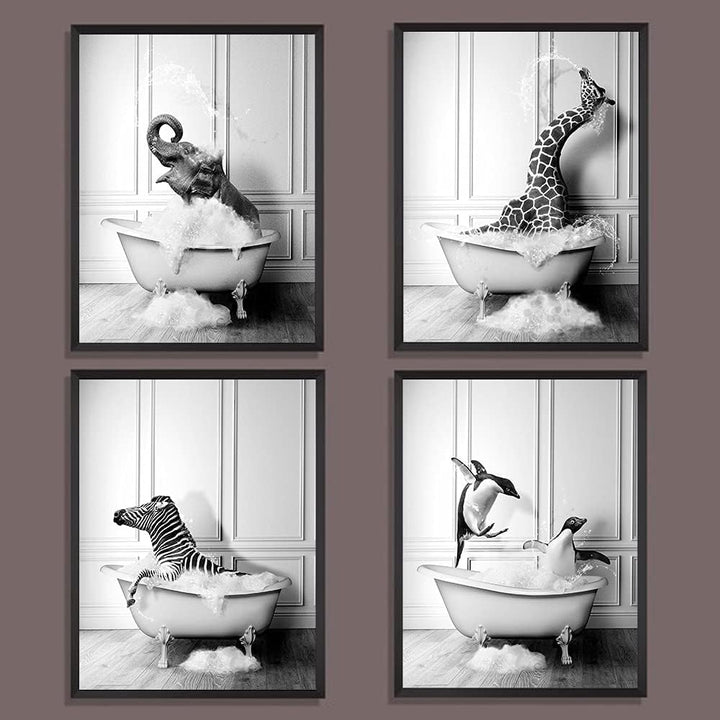 JingHengone Tier Schwarz Weiss Wand Kunst Drucke Elefant Zebra Pinguine Giraffe Badewanne Leinwand M