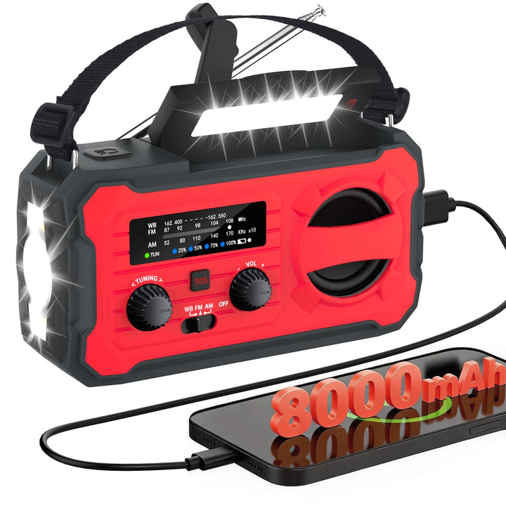 Kurbelradio, Tragbares Solarradio mit AM/FM, 8000mAh Powerbank, Notfallradio mit SOS-Alarm, LED-Tasc