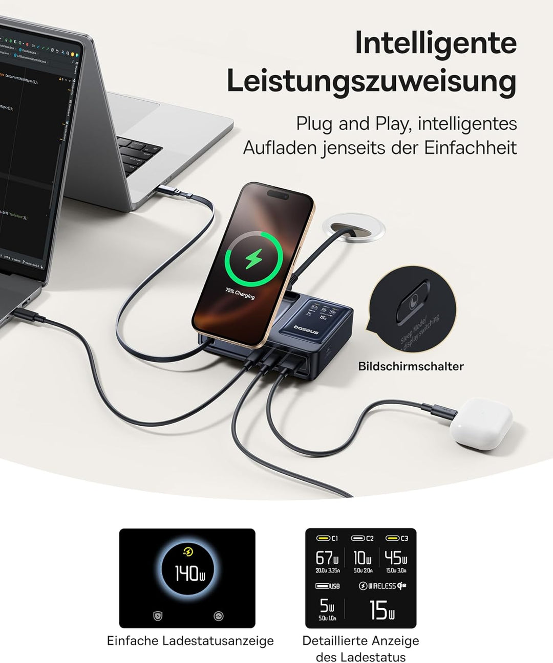 Baseus NOMOS 5 in 1 Ladestation, 140 W USB-C Ladegerät mit 15 W Qi2.0 MagSafe Ladegerät, Typ C Einzi