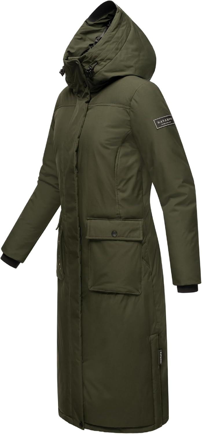 Navahoo Damen Wintermantel Warmer Mantel extralang mit Kapuze Wolkenfrost XIV XS-XXL XL Dark Olive,