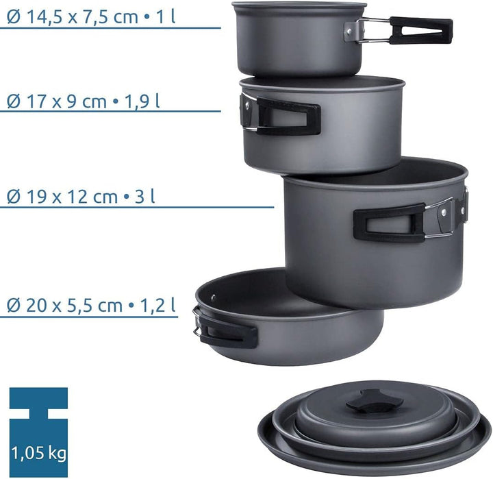 yourGEAR Ranger V Topf Pfannen Set für 4-5 Mann 7 TLG. Camping Kochset Kochgeschirr im Netzbeutel