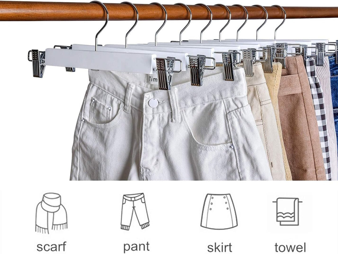 Amber Home 10 Stück 36cm Weiss Kleiderbügel aus Holz, Robust und Glänzend Hosenbügel Aufhänger für H