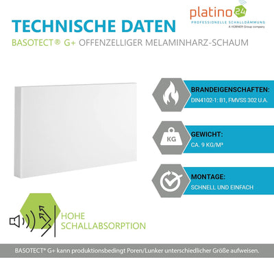 platino24 Schallabsorber aus Basotect G+, 4 Absorberelemente Rechteck 825x550x50mm, Verbesserung der