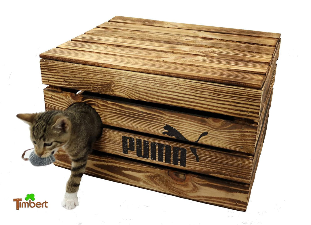Rustikale Katzentruhe aus Holz Katzenhöhle in Obstkisten Design Katzenkorb mit Deckel für Katzen Kat