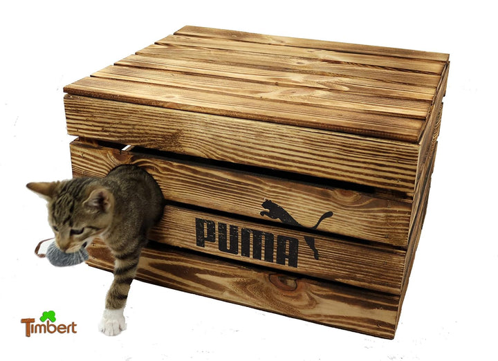 Rustikale Katzentruhe aus Holz Katzenhöhle in Obstkisten Design Katzenkorb mit Deckel für Katzen Kat