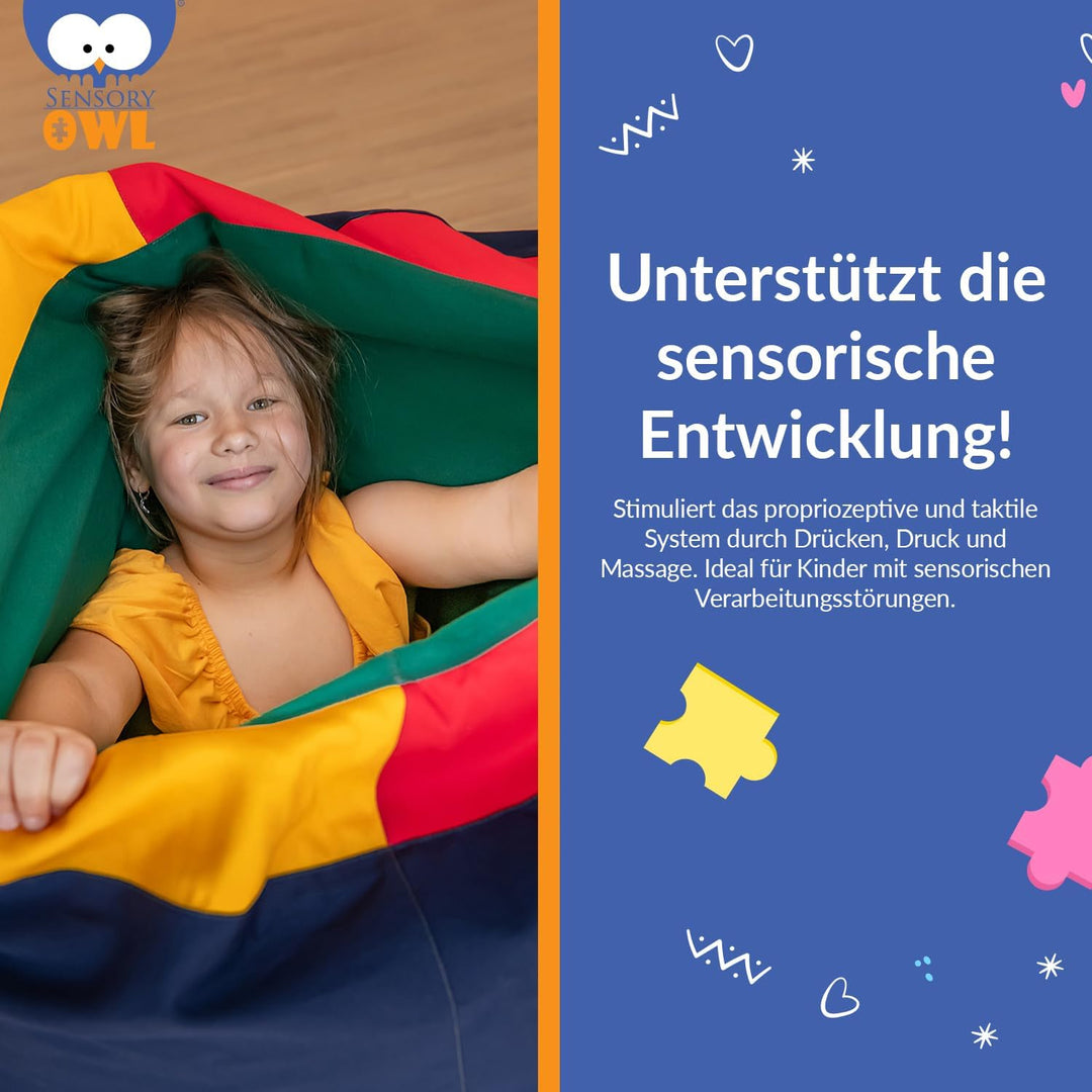 Sensory Owl Sensorischer Tunnel Pouf Mit Füllung 2in1 Für Kinder 90 x 70 cm Sitzkissen Sinnestunnel