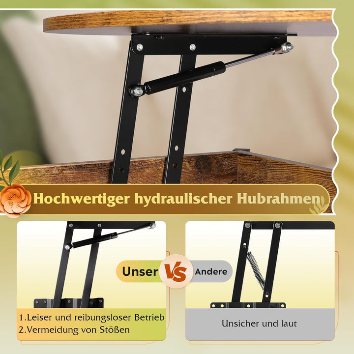 WLIVE Couchtisch Rund mit Hebeplatte, Wohnzimmertisch Höhenverstellbar mit Stauraum, 60 x 60 x 50 cm