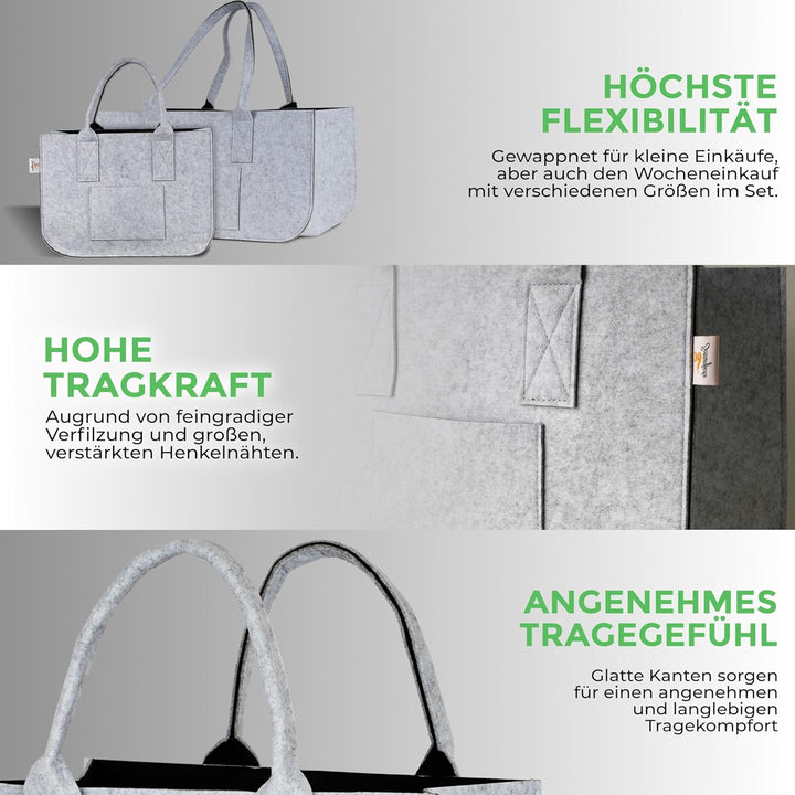 Sonnenfuchs® FUCHSBAG 2.0 [Grosses 3er Set XXL] Universelle Einkaufstaschen. 2x Filztasche gross 1x