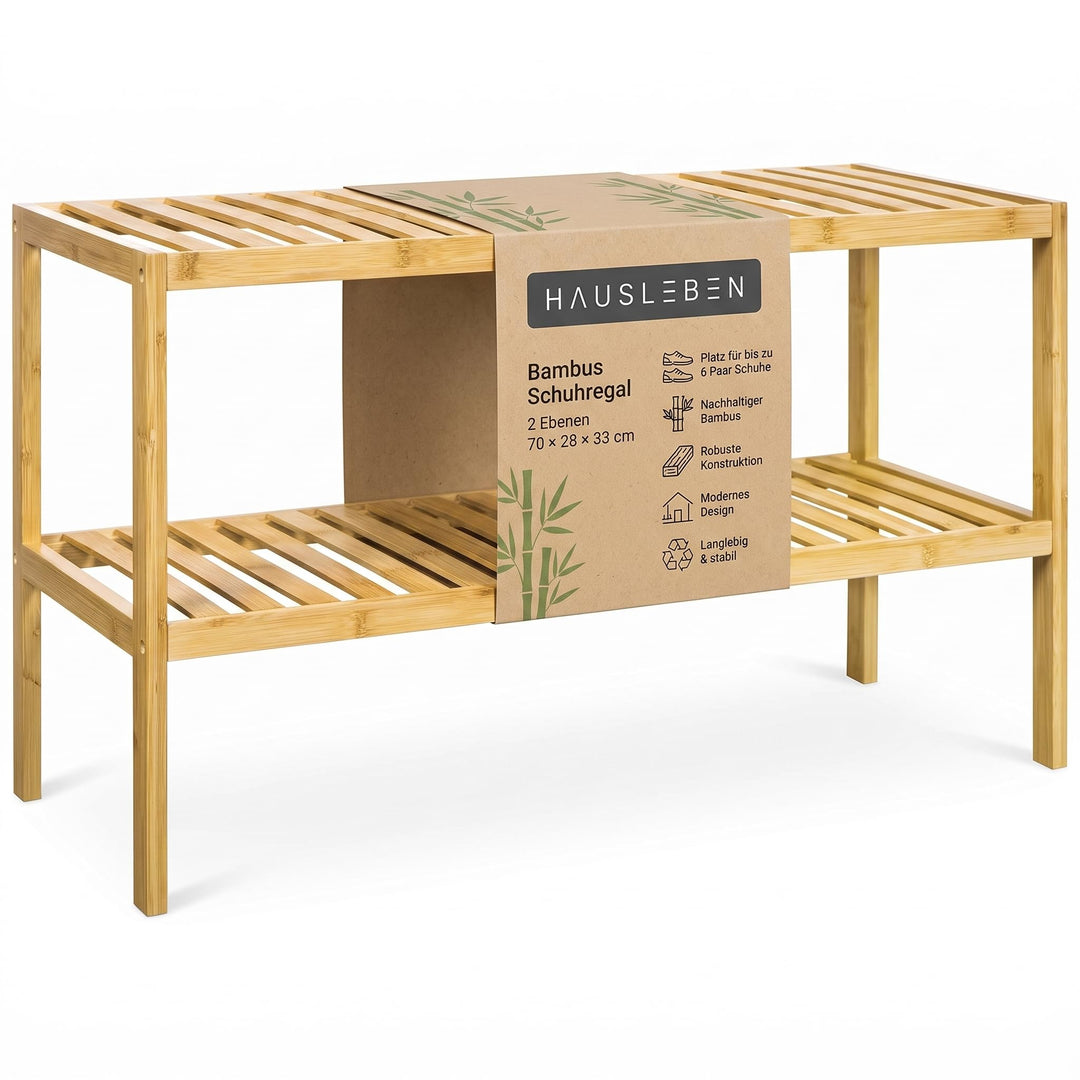 hausleben Bambus Schuhregal, 2 Ebenen, 70x28x33 cm, Naturholz Standregal | Platzsparendes Design, Le