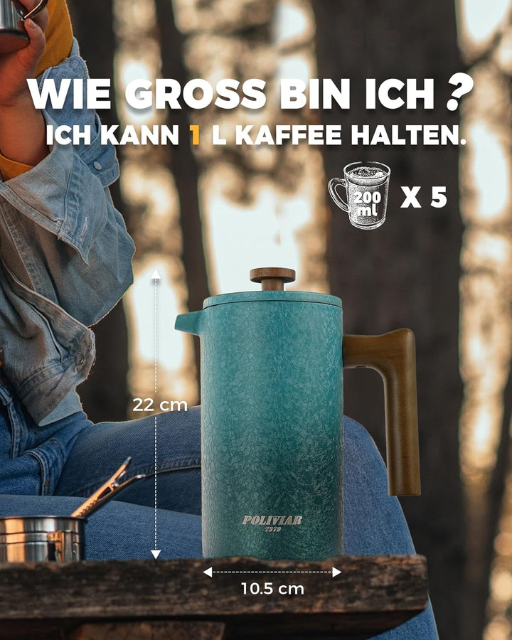 Poliviar French Press aus Edelstahl, Thermo Kaffeebereiter Doppelwandig isoliert, Kaffeebereiter 1 L