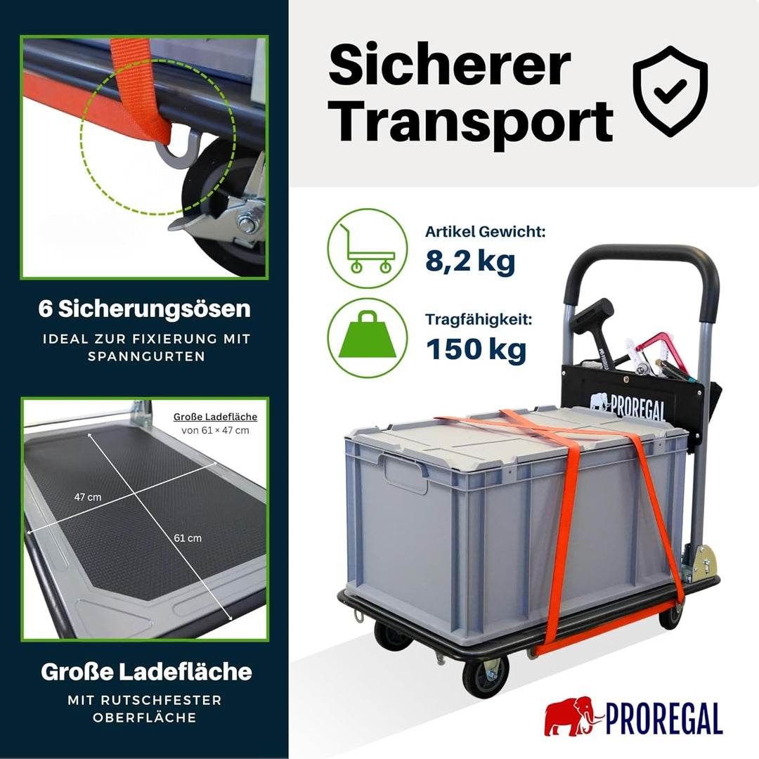 PROREGAL Profi-Plattformwagen Transportwagen Rhino 150kg klappbar mit Gummiräder, 360° Lenkrollen &