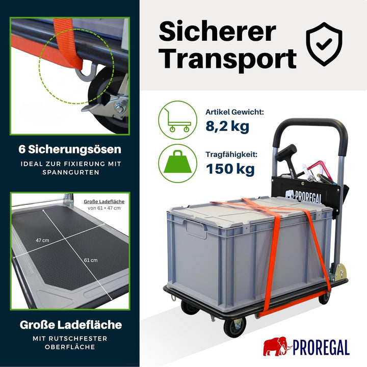 PROREGAL Profi-Plattformwagen Transportwagen Rhino 150kg klappbar mit Gummiräder, 360° Lenkrollen &