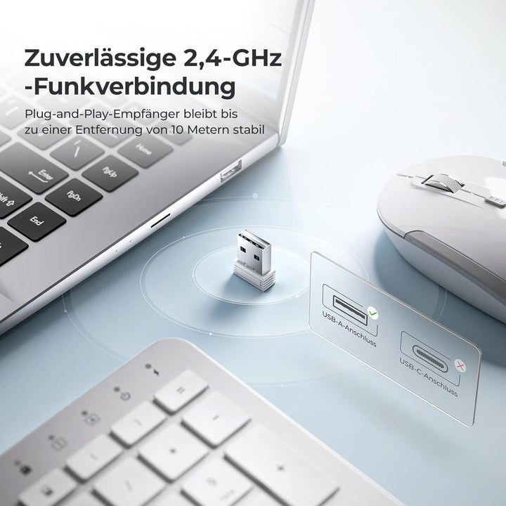Tastatur Maus Set Kabellos, iClever Wiederaufladbare Funktastatur, Deutsch QWERTZ Layout, 2.4 GHz Fu