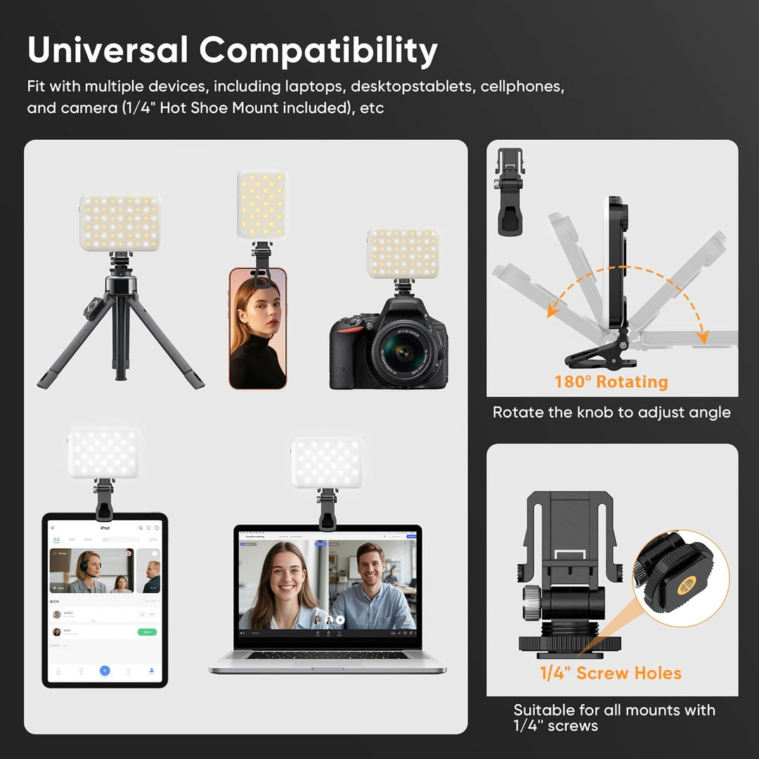 Selfie Licht 5W, BDDFOTO Handy Licht mit Akku 2500mAh, tragbares Clip-On-Licht 10-100% dimmbar CRI≥9