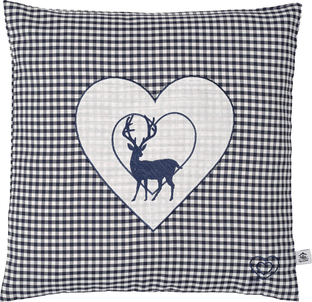 Zirbenkissen bestickt mit Hirsch und Herz blau karriert Grösse 40x40 cm befüllt mit Zirbenflocken au