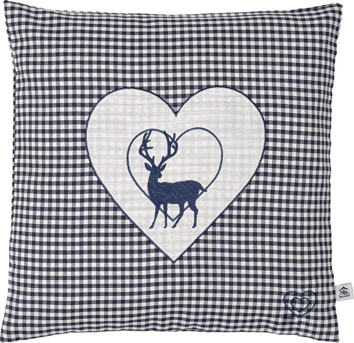 Zirbenkissen bestickt mit Hirsch und Herz blau karriert Grösse 40x40 cm befüllt mit Zirbenflocken au