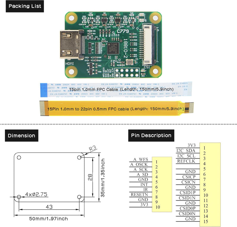 Geekworm Raspberry Pi HDMI IN Module C779, HDMI to CSI CSI-2, HDMI Input Supports up to 1080p25fps,