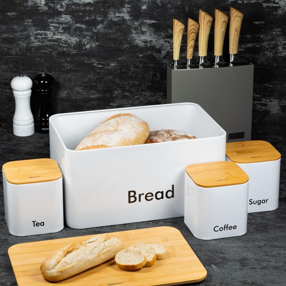 Bread Box Bread Bin With Wodden Top For Chopping Cutting With Canister Set KH-1026 Weiss, Weiss