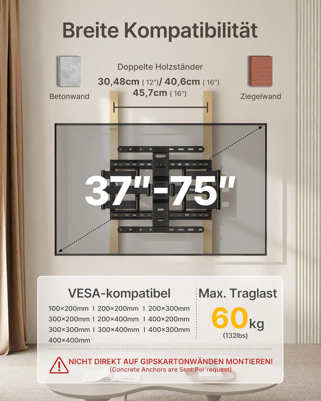 monTEK 1.1" Ultra Slim TV Wandhalterung für 37–75 Zoll Fernseher, Schwerlast Wandhalterung Fernseher