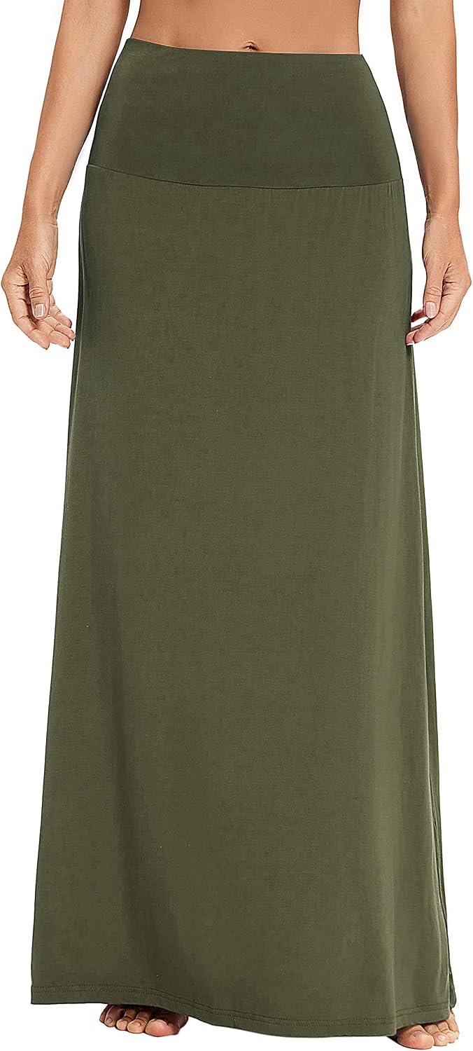 Damen Sommer Hohe Taille Boho Yoga Maxi Rock Elastisch Pull On Lang Röcke M Armeegrün, M Armeegrün