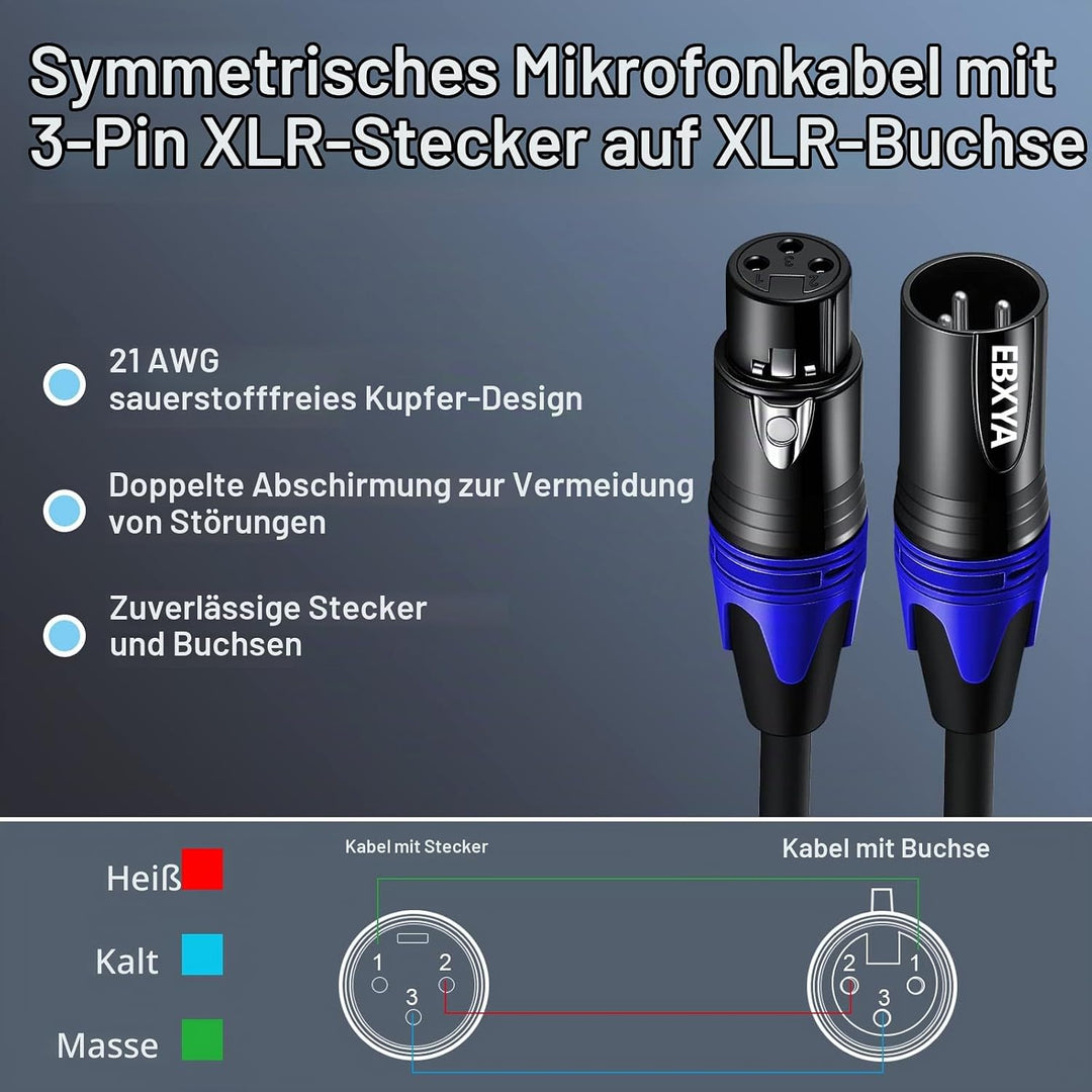 EBXYA XLR-Kabel XLR-auf-XLR-Mikrofonkabel 2M 10 Stück, 3-polig, symmetrisches XLR-Kabel, Stecker auf