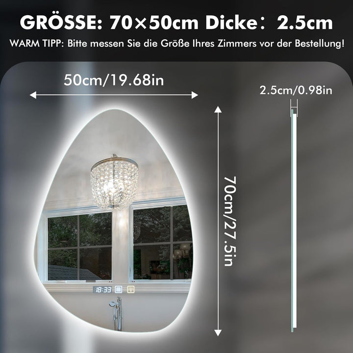 Badezimmerspiegel mit LED-Leuchten für die Wand, beschlagfrei, 3 Farben dimmbar, LED, HD-Hartglas, B