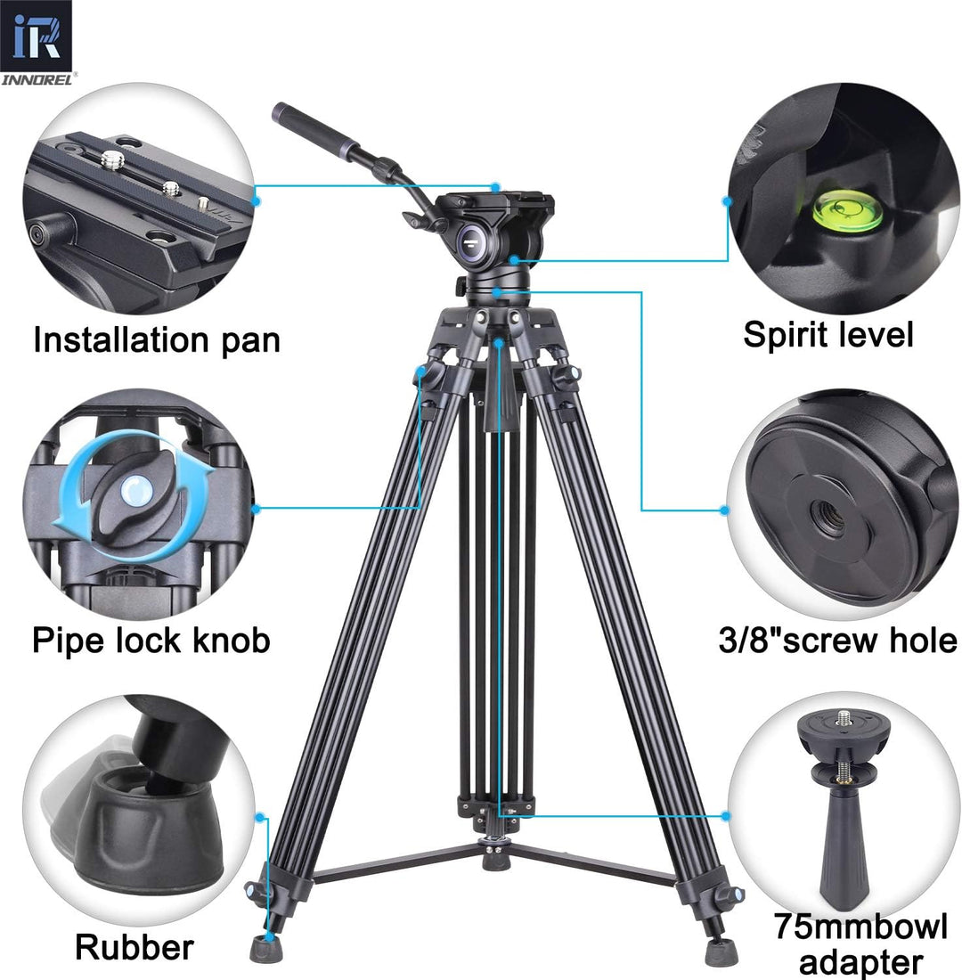 INNOREL VT80 Professionelles Video Stativ System, 185cm/63 Zoll Hochleistungs Aluminium Doppelrohrst