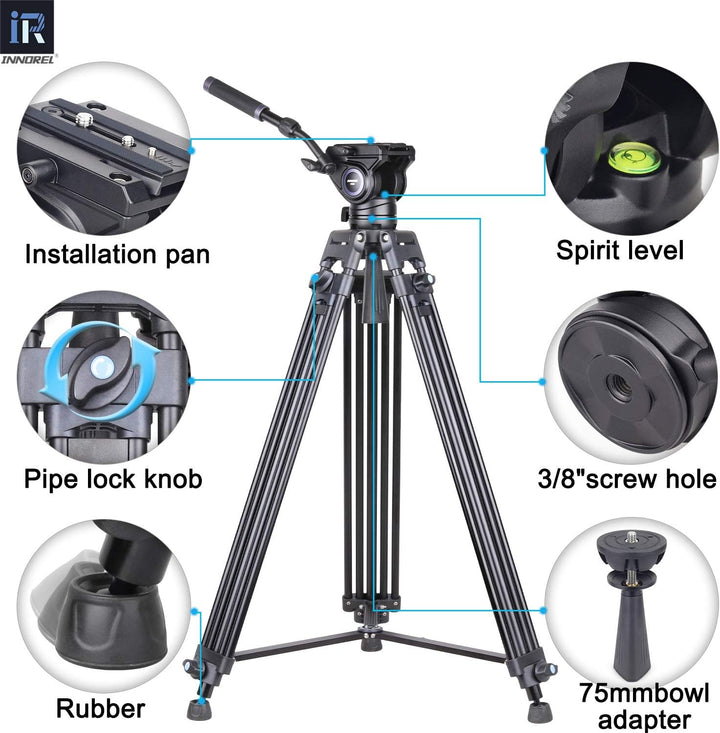 INNOREL VT80 Professionelles Video Stativ System, 185cm/63 Zoll Hochleistungs Aluminium Doppelrohrst