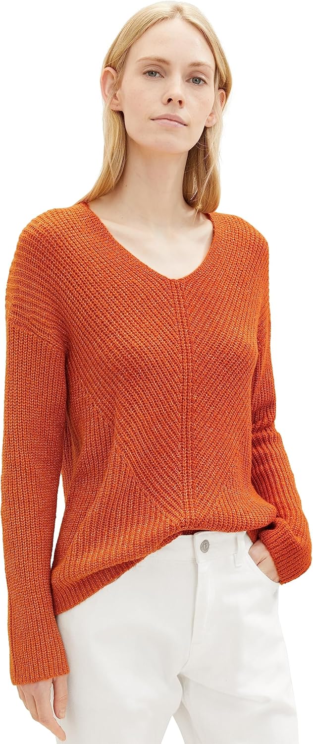 TOM TAILOR Damen Basic Pullover mit V-Ausschnitt XL 32403-gold Flame Orange Melange, XL 32403-gold F