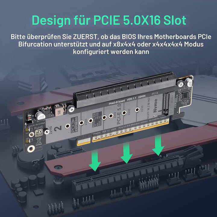 SinLoon PCIe 5.0 X16 Erweiterungskarte, PCIe Bifurcation Riser Card, Teilt X16 Slot in X8+X4+X4, Unt