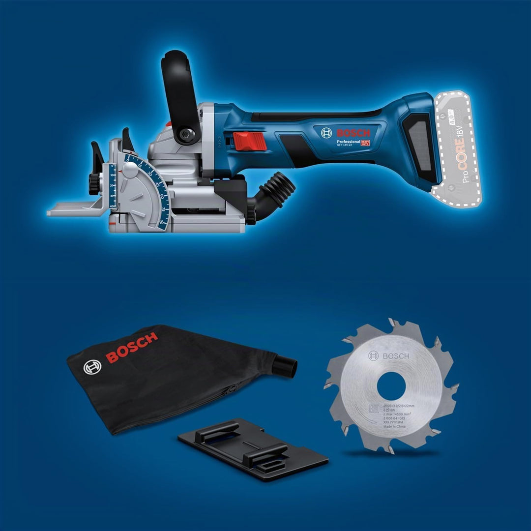 Bosch Professional 18V System Akku-Flachdübelfräse GFF 18V-22 (inkl. Scheibenfräser Ø 105 mm, Staubb