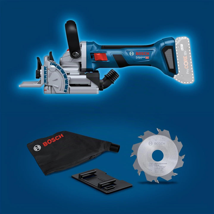 Bosch Professional 18V System Akku-Flachdübelfräse GFF 18V-22 (inkl. Scheibenfräser Ø 105 mm, Staubb