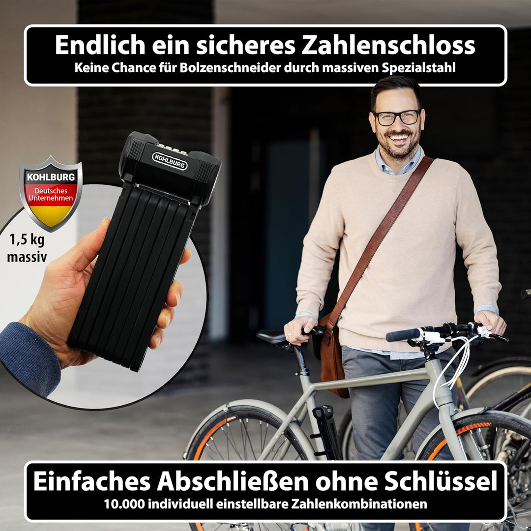 KOHLBURG [Bolzenschneider-sicheres] 110cm Faltschloss mit Zahlencode & Halterung – Fahrrad Zahlensch