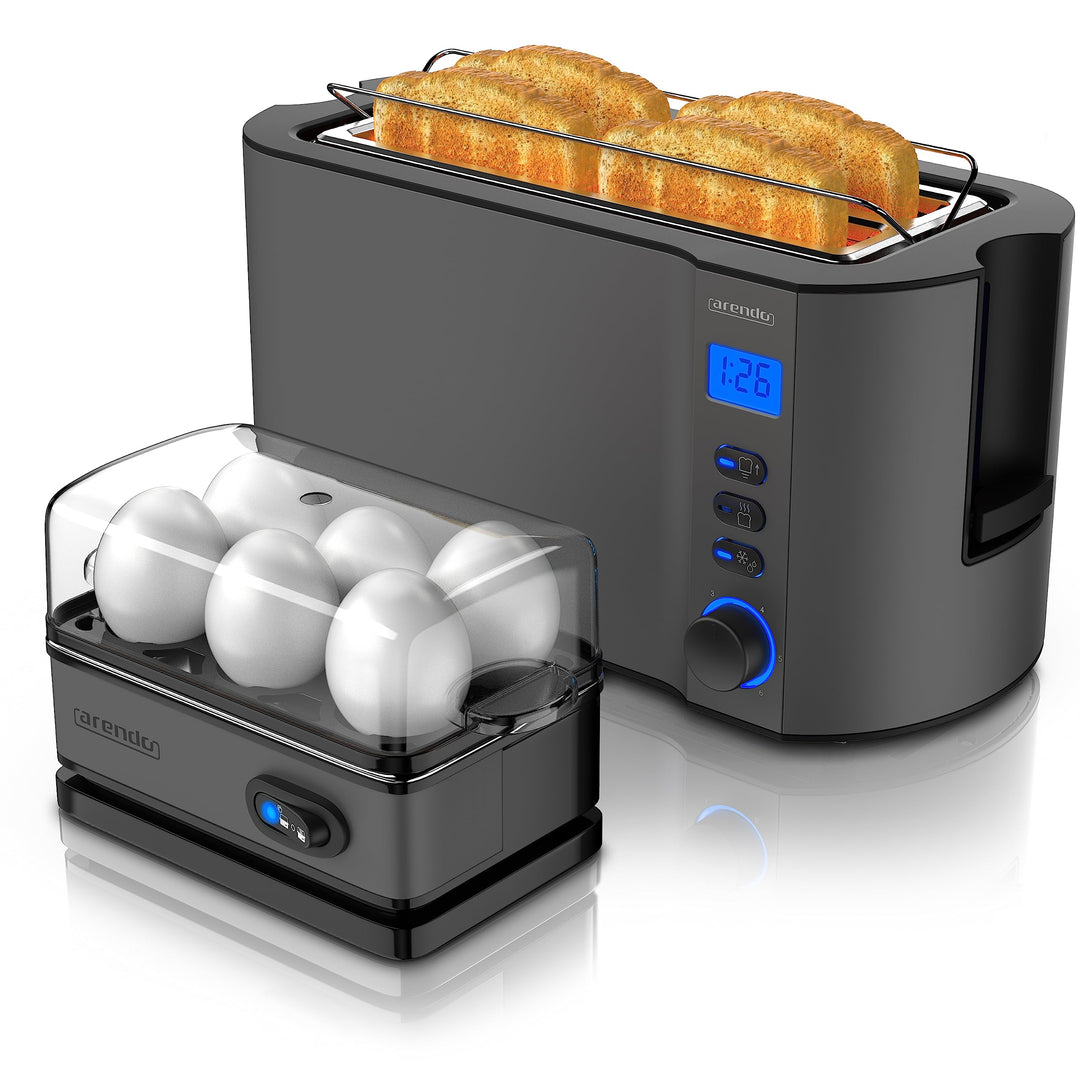 Arendo - SET Toaster MANHA mit Eierkocher SIXCOOK Edelstahl Cool grey, Toaster 4 Scheiben LED-Displa