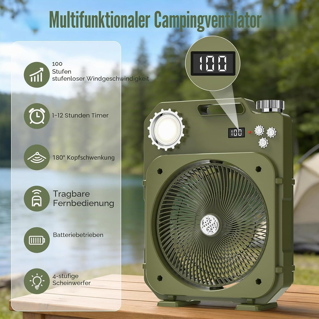 Tragbarer Camping Ventilator mit LED-Licht/SOS, Leiser Akku Tischventilator, Kabellos 5400mAh, 100 G