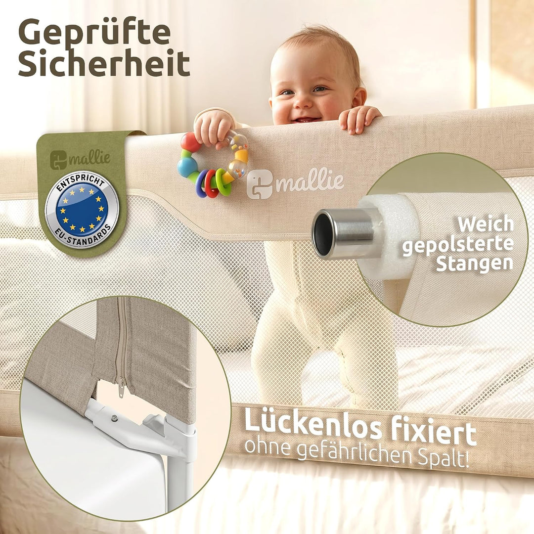Mallie® Rausfallschutz Boxspringbett 200x200cm Elternbett Beige | 3-seitiges Set mit MALLIEFIX 2.0 C