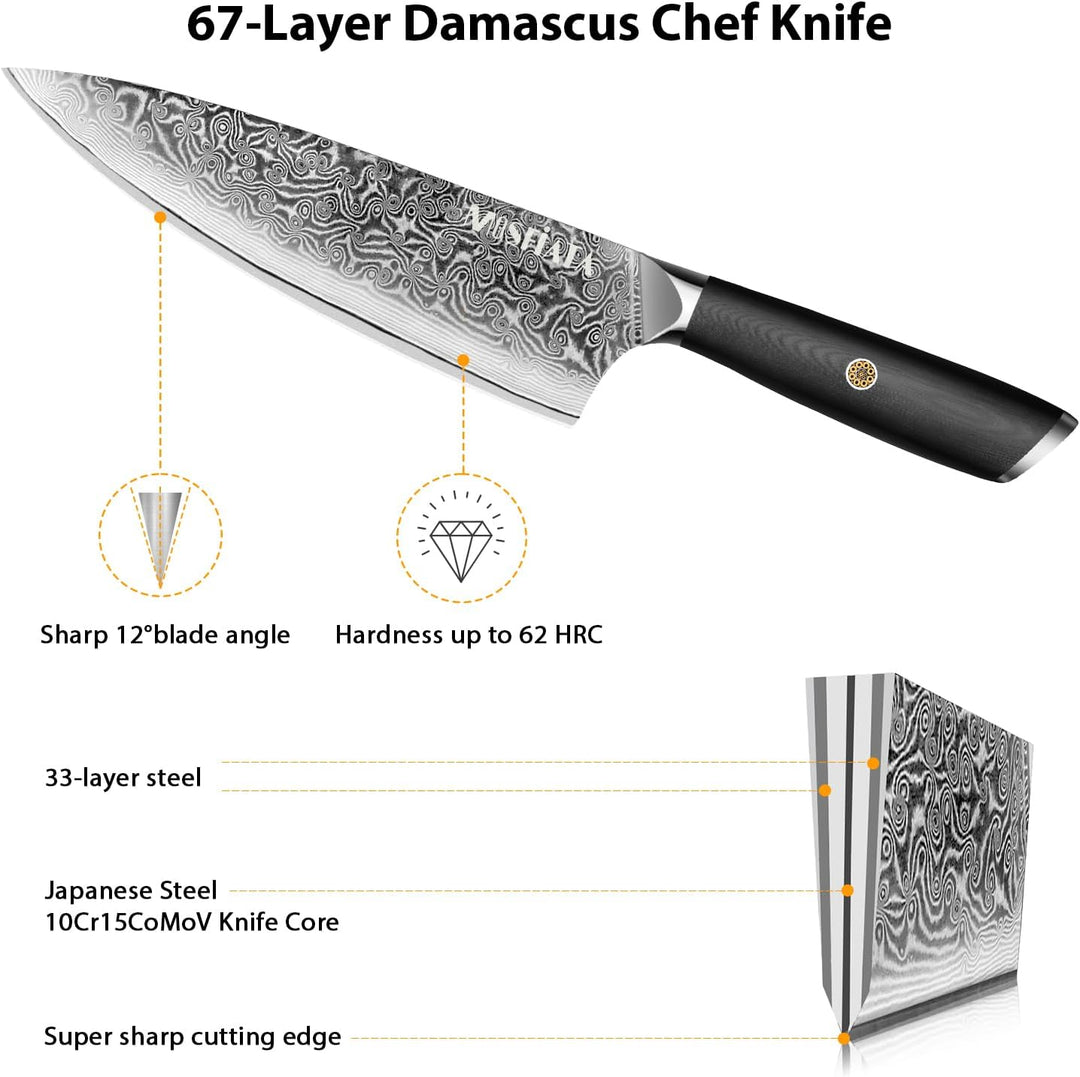 MOSFiATA Damastmesser 8 Zoll, Küchenmesser Damaststahl Kochmesser Damast Scharf Chef Knife Profi Fle