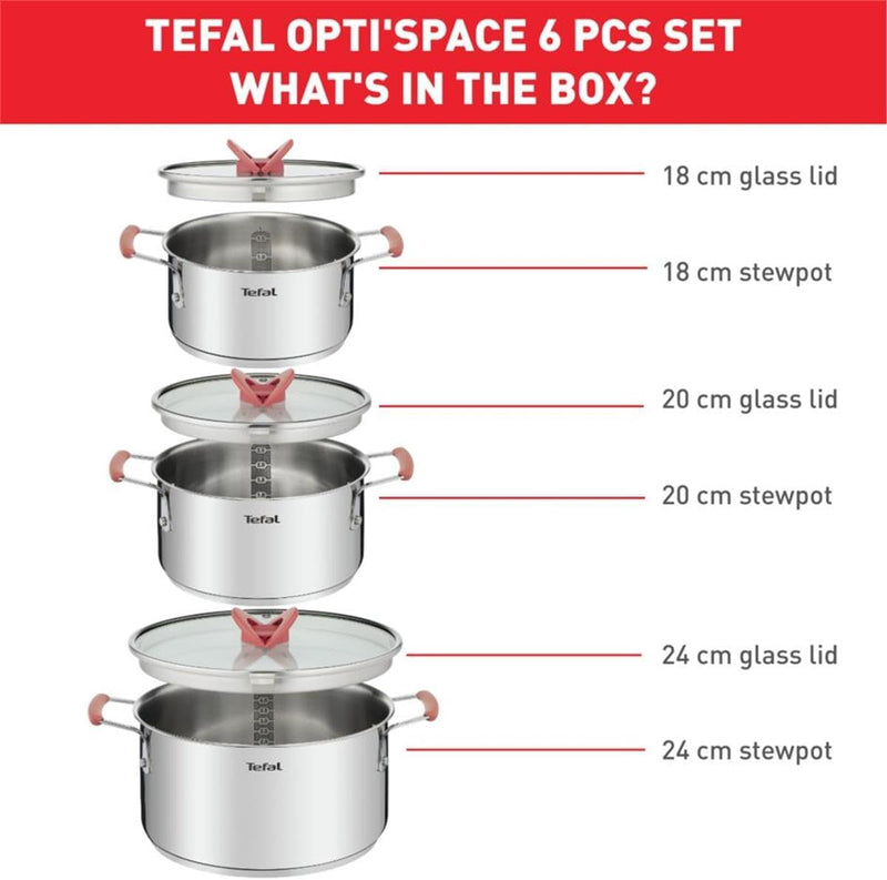 Tefal OptiSpace Set mit 3 Töpfen + 3 Deckeln, 18, 20 und 24 cm, Edelstahl, 3 flache Deckel, rutschfe