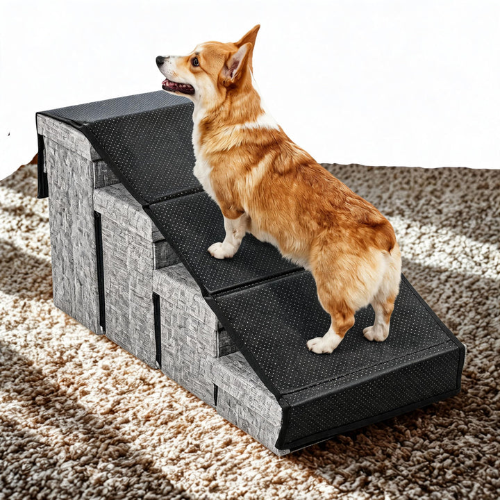 Hundetreppe mit 4 Aufbewahrungsboxen | mit Rampenfunktion | Faltbare Haustier rutschfeste Sicherheit