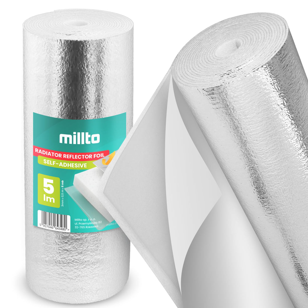 Millto Heizkörper Reflexionsfolie Selbstklebend 3 mm x 0,5 m x 5 m Isolierfolie Wandisolierung Refle