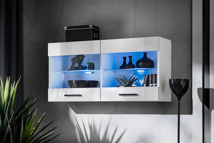 Vitrine Schrank Savona, Weiss/Weiss, Breite 100cm x Höhe 50cm x Tiefe 30cm, LED RGB, 2 Glasböden, 2
