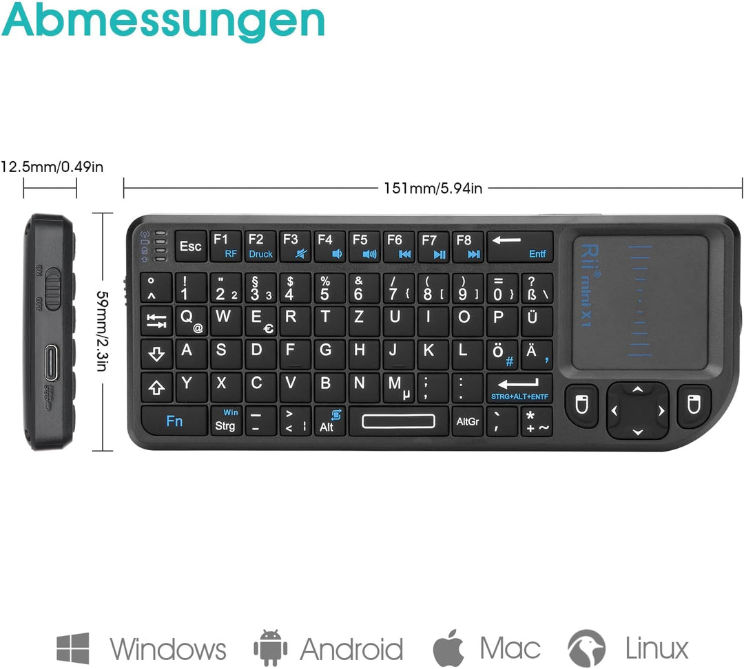 Rii X1 Mini Tastatur Wireless, Kabellos Tastatur mit Touchpad, Mini Keyboard für Smart TV Fernbedien