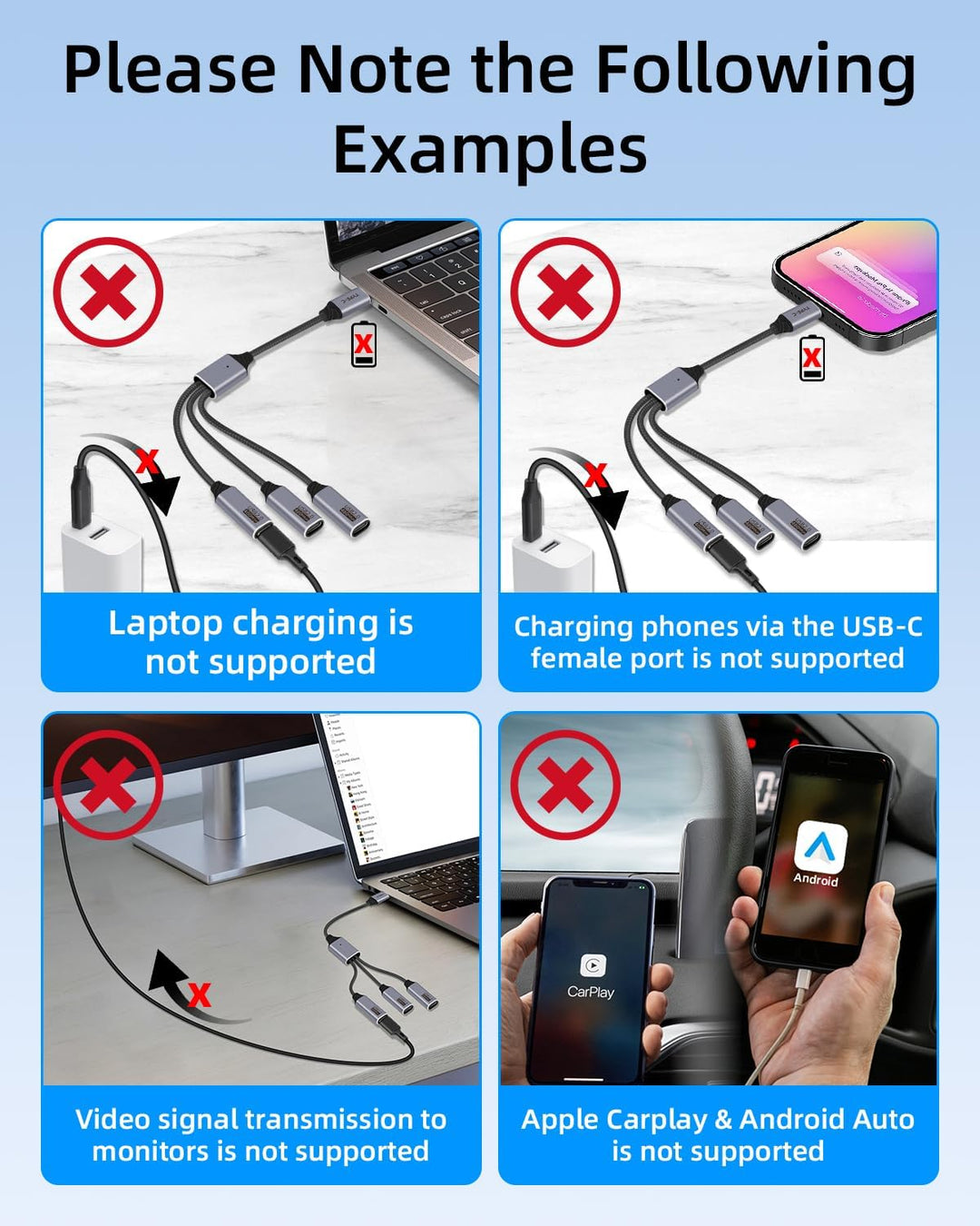 USB C Splitter 3 Port 1 Stecker auf 3 Buchse, 1 in 3 Ausgang USB C Extender Hub Daten und Stromverso