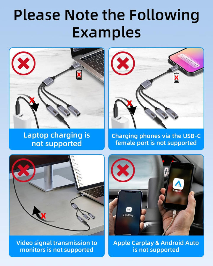 USB C Splitter 3 Port 1 Stecker auf 3 Buchse, 1 in 3 Ausgang USB C Extender Hub Daten und Stromverso