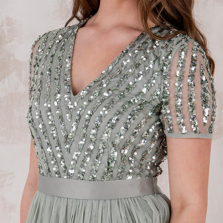 Maya Deluxe Damen Ballkleid Abendkleid V-Ausschnitt Maxi Länge Pailletten Kurze Ärmel für Hochzeit G