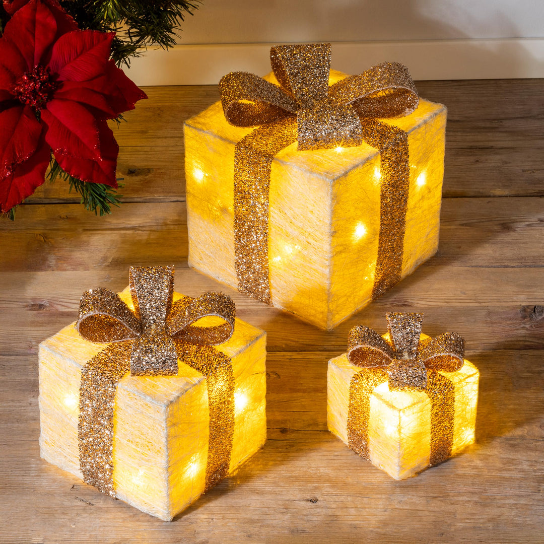 LED Geschenkboxen mit Timer 3er Set - Creme - Weihnachts Dekoboxen warm weiss beleuchtet - Weihnacht