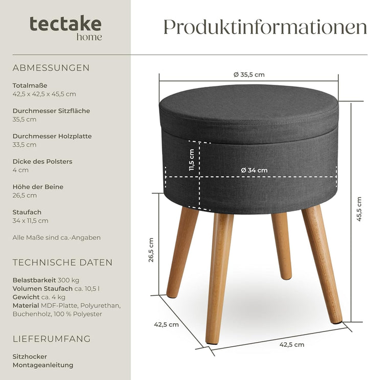 tectake 800836 Sitzhocker mit Stauraum in Leinenoptik, bis 300 kg belastbar, rund, Deckel abnehmbar,