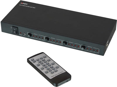 LINDY 4 x 4 HDMI 4 K Matrix Switch mit IR-Fernbedienung, 38152, schwarz