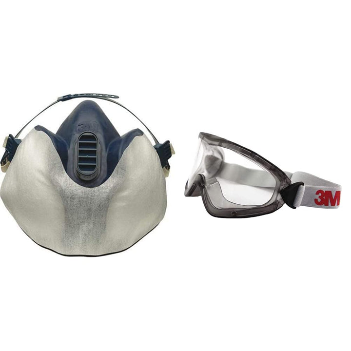 3M 400 Atemschutzmaske, Schutzvlies (10-er Pack) & 2890SA Vollsichtbrille, 2890er Serie, AF, UV, A,